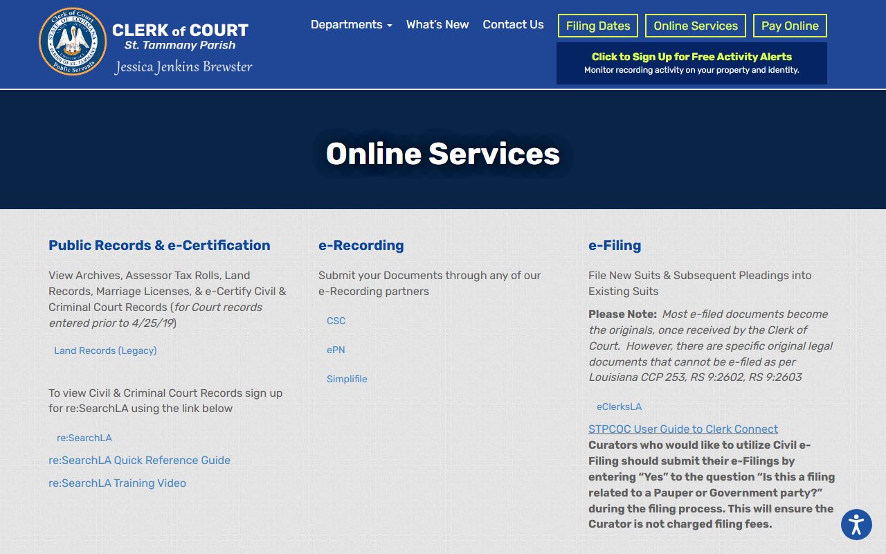 St. Tammany Parish court records online services search page