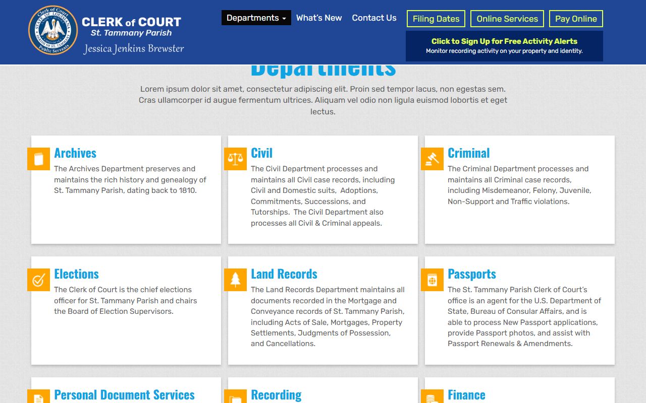 St. Tammany Parish Clerk departments page for marriage and divorce records