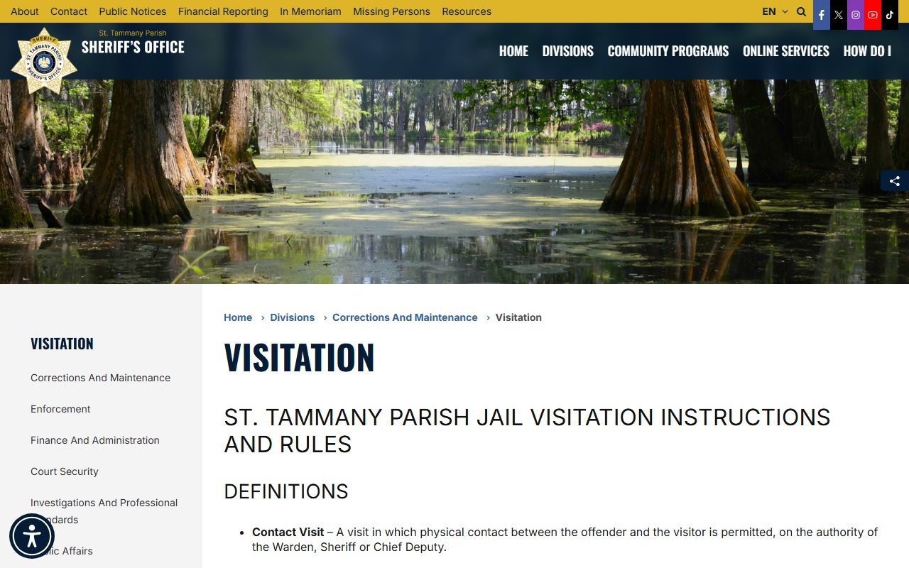 St. Tammany Parish jail visitation schedule for inmate records