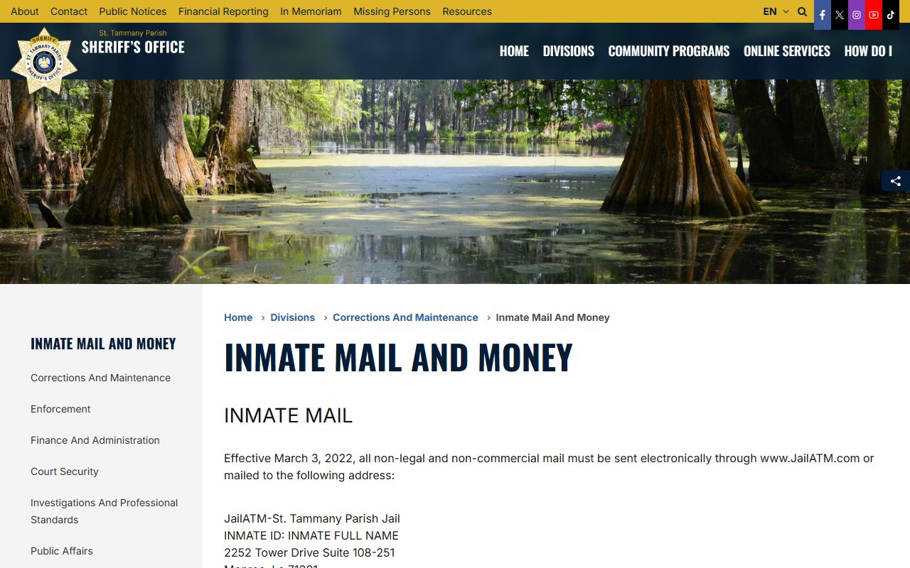 St. Tammany Parish inmate records mail and money deposit page