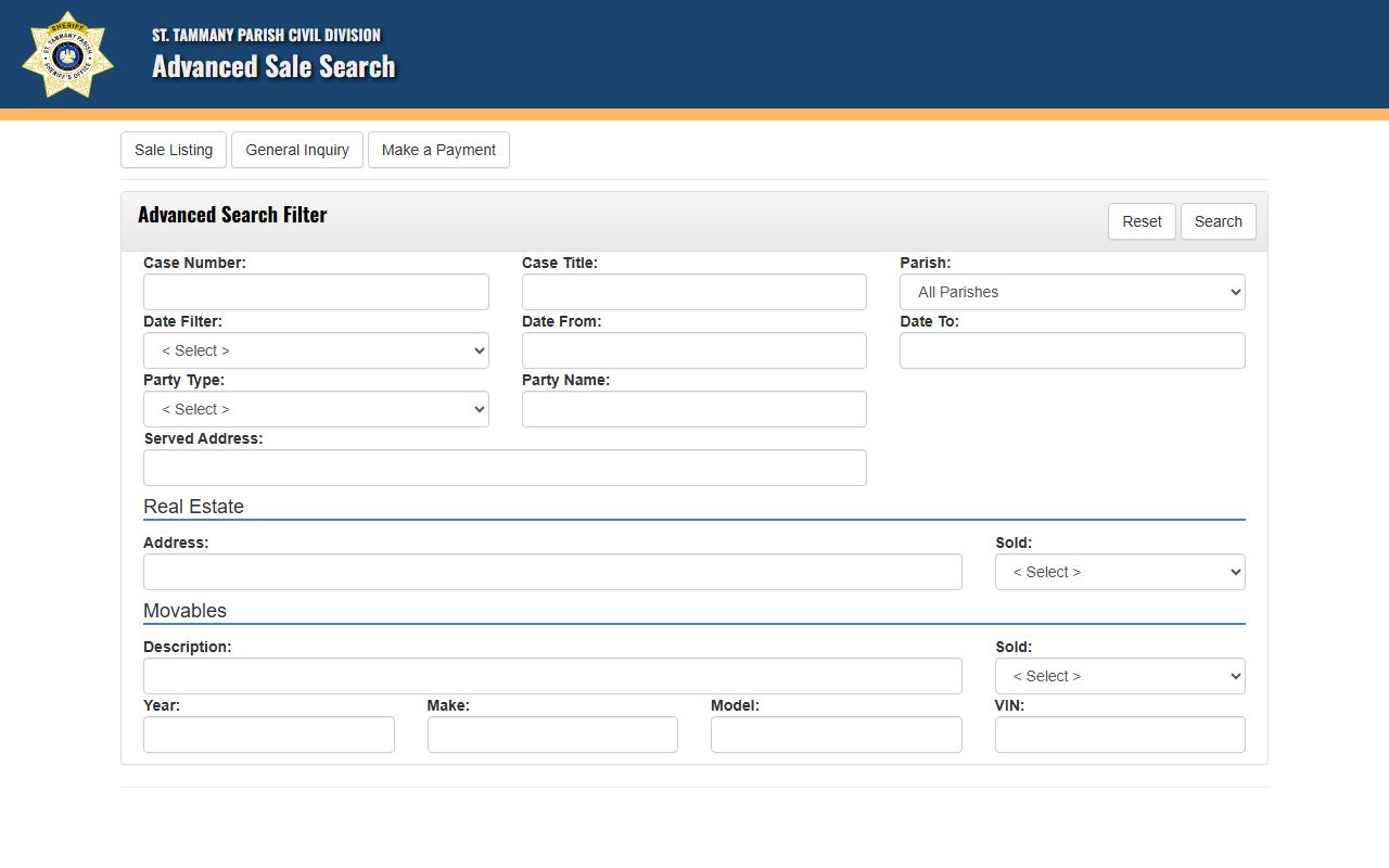 St. Tammany Parish Sheriff public advanced search warrant and civil records portal