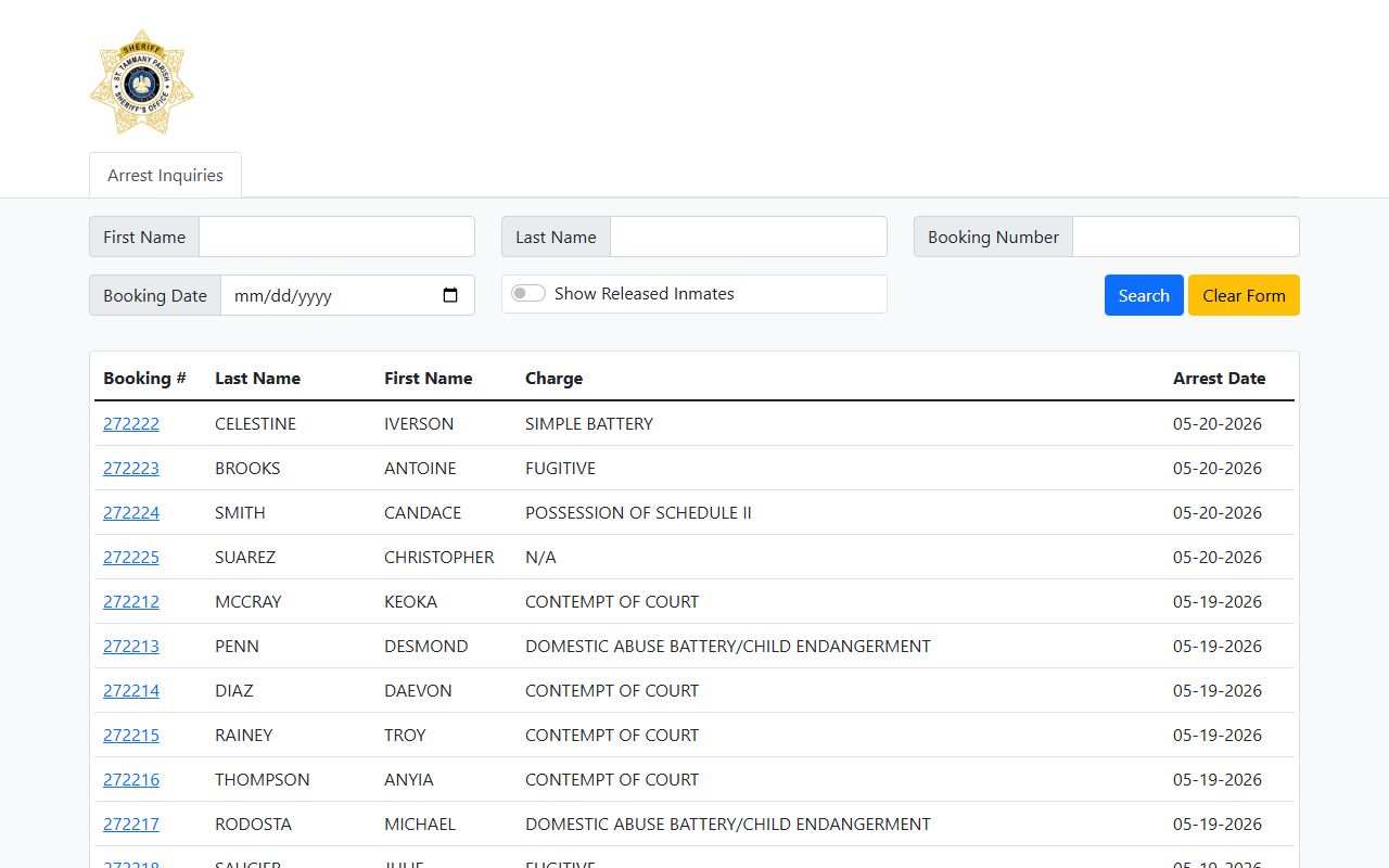 St. Tammany Parish inmate records booking roster portal